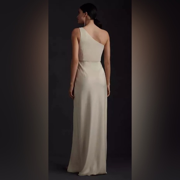 BHLDN Dylan One-Shoulder Satin Side-Slit Gown Champagne Womens Sz 8 - Picture 2 of 16